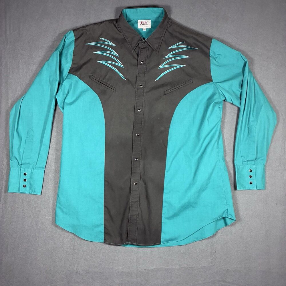 VTG Ely Diamond Western Shirt Mens Size XL Teal Embroidered Pearl Snap Cowboy